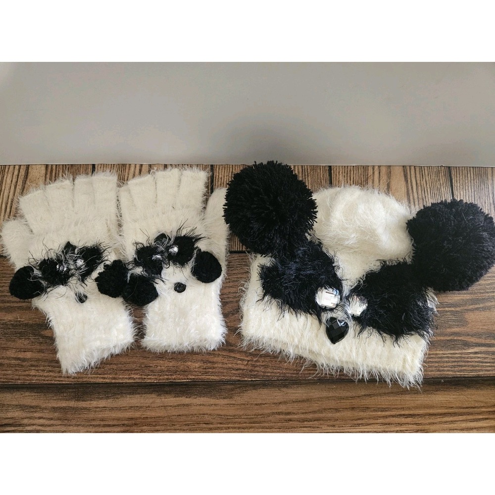 Y2K Cream Fuzzy Knit Beanie Convertible Fingerless Gloves Set Black Pompoms
